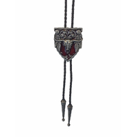 Allingtons Badge Shield with Steer Skull Western Bolo Tie (ABT007) Matte Silver/Red Enamel