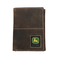 John Deere Mens Rubber Trademark Patch Distressed Leather Tri-Fold Wallet (4095000-210) Tan