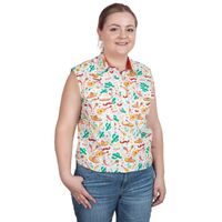 Just Country Womens Lilly Half Button Sleeveless Print Shirt (WWNSR242) White Cactus/Chilli