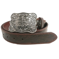 Ritemate Unisex Pilbara Western Rodeo Buckle Tooled Leather Belt (RMPW003) Dark Brown