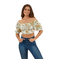 Ringers Western Womens Rosabel Shirred Top (222135RW) White/Yellow [GD]