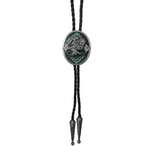 Allingtons Eagle Aztec Western Bolo Tie (ABT001) Matte Silver/Turquoise