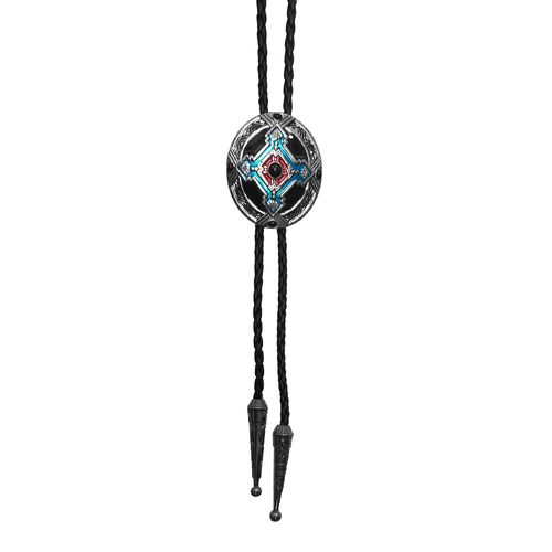 Allingtons Diamond Aztec Western Bolo Tie (ABT002) Silver/Red/Turquoise