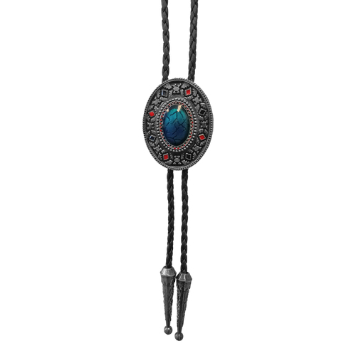 Allingtons Oval Shield with Centre Stone Western Bolo Tie (ABT004) Matte Silver/Red/Turquoise