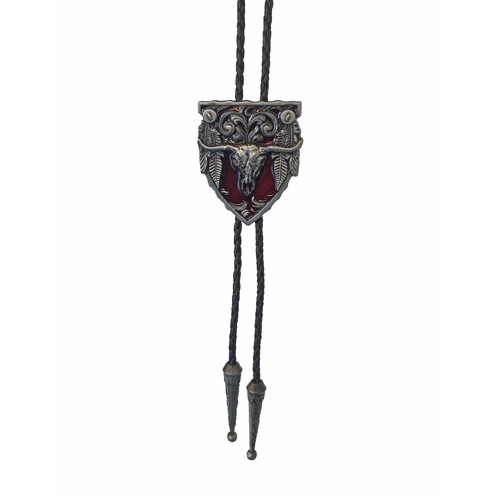 Allingtons Badge Shield with Steer Skull Western Bolo Tie (ABT007) Matte Silver/Red Enamel