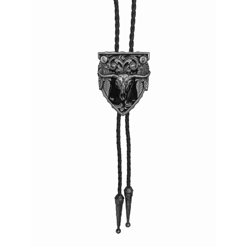 Allingtons Badge Shield with Steer Skull Western Bolo Tie (ABT008) Matte Silver/Black Enamel