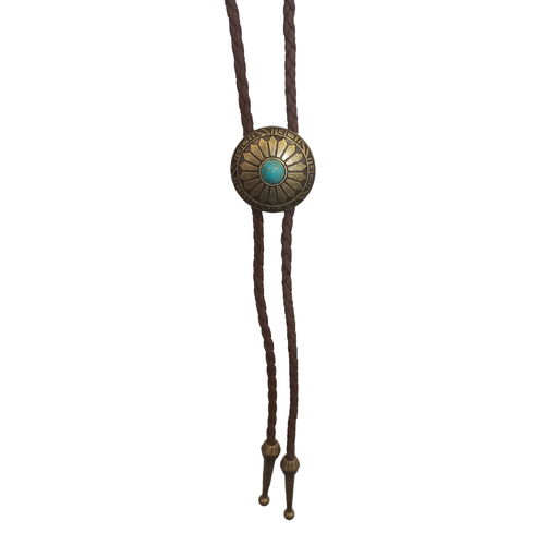 Allingtons Aztec Sunflower with Turquoise Stone Western Bolo Tie (ABT017) Brass Tone