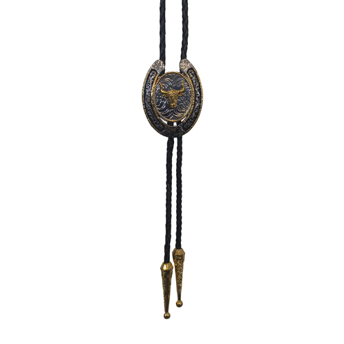 Allingtons Horseshoe with Bullshead Western Bolo Tie (ABT027) Silver/Gold