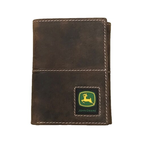 John Deere Mens Rubber Trademark Patch Distressed Leather Tri-Fold Wallet (4095000-210) Tan