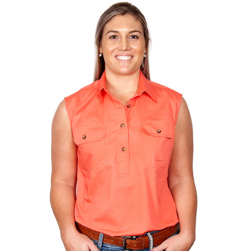 Just Country Womens Kerry Sleeveless Half Button Work Shirt (50503) Hot Coral XL/16