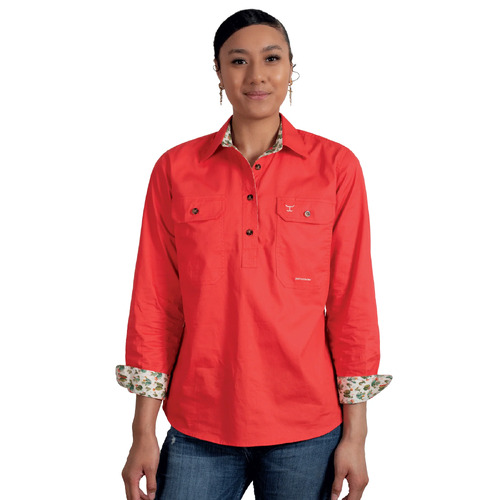 Just Country Womens Jahna Trim Half Button Shirt (WWLS2410) Hot Coral/Cream Cactus 16 [GD]