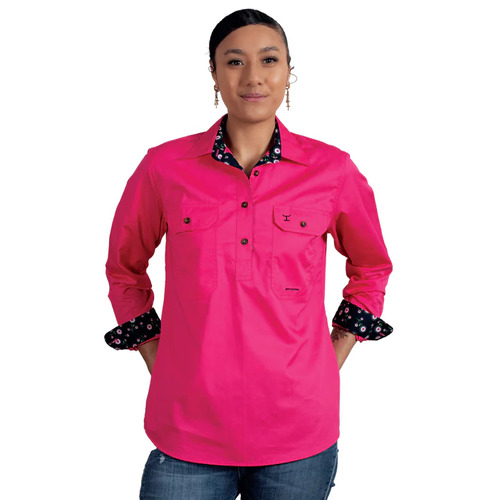 Just Country Womens Jahna Trim Half Button Shirt (WWLS2418) Hot Pink/Navy Primrose 10 [GD]