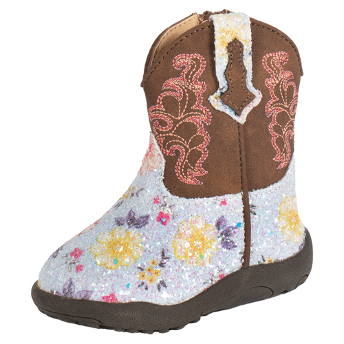 Roper Infants Cowbaby Glitter Floral Western Boots (16901435) Blue Glitter Floral/Brown 1