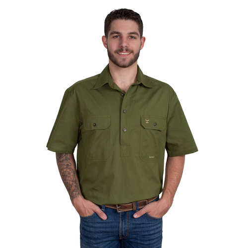 Just Country Mens Adam S/S Half Button Work Shirt (10104OLI) Olive M