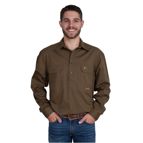 Just Country Mens Cameron L/S Half Button Work Shirt (10101BAR) Bark S [GD]