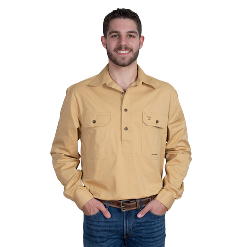 Just Country Mens Cameron L/S Half Button Work Shirt (10101SAN) Sand S