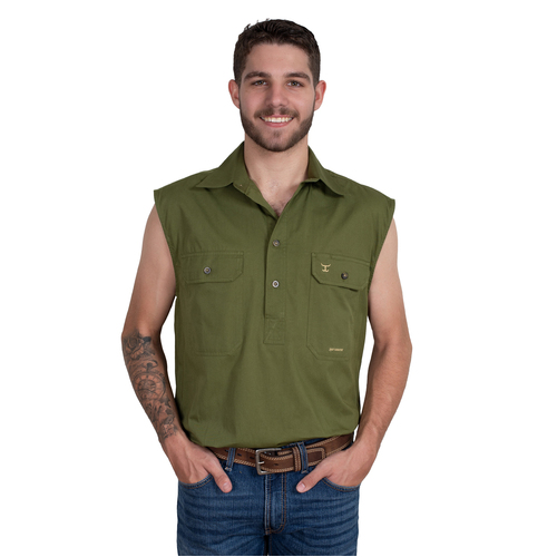 Just Country Mens Jack Sleeveless Half Button Work Shirt (10103OLI) Olive S