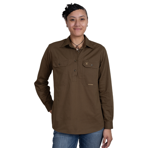 Just Country Womens Jahna L/S Half Button Work Shirt (50505BAR) Bark XS/8