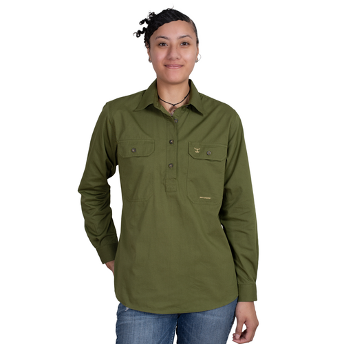 Just Country Womens Jahna L/S Half Button Work Shirt (50505OLI) Olive XS/8