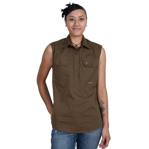 Just Country Womens Kerry Sleeveless Half Button Work Shirt (50503BAR) Bark XS/8