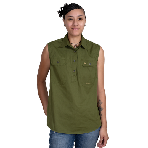 Just Country Womens Kerry Sleeveless Half Button Work Shirt (50503OLI) Olive XS/8