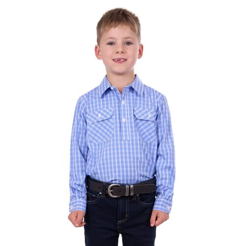 Hard Slog Childrens Ron Half Button L/S Shirt (H4S7101055) Blue/White 2