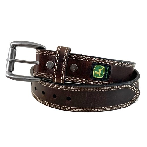 John Deere Mens 38mm Bridle Leather Stitched Edges with Antique Silver Roller Buckle Belt (4583500-204-32) Dark Brown 32