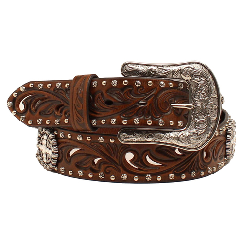 Ariat Women's Scroll Embossed Buckle Belt, Brown, Small at