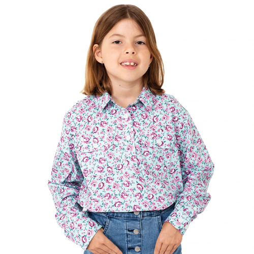 Just Country Girls Harper Half Button Print Shirt (GWLS2140) Mint/Purple Rose M [SD]