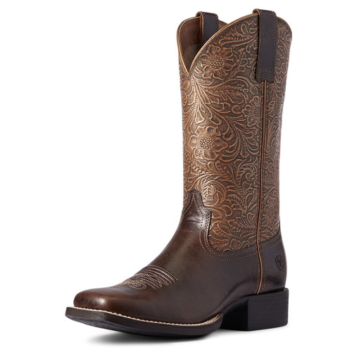 Ariat Womens Round Up Wide Square Toe Western Boots (10038420) Arizona Brown/Copper Floral Embossed 7B [SD]