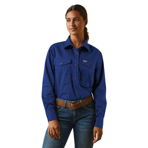 Ariat Womens Rebar Half Button L/S Workshirt (10042855) Cobalt S [GD]