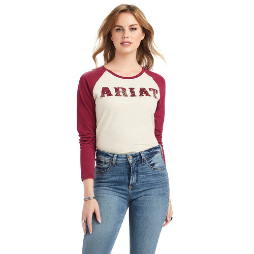 Ariat Womens R.E.A.L. Ariat Baseball Shirt (10042297) Oatmeal Heather/Beet L [SD]