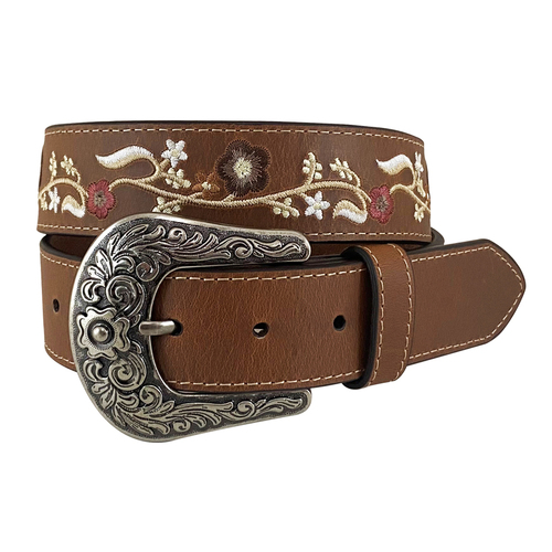 Roper Womens 1 1/2" Floral Embroidered Genuine Leather Belt (9651300) Tan XL