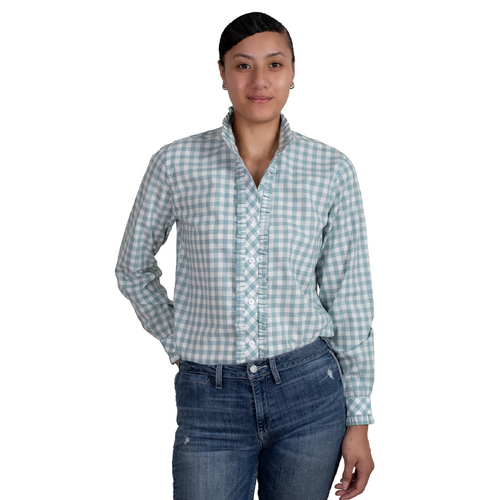 Just Country Womens Abbey Frills Full Button L/S Print Shirt (WWLS2447) Dusty Turquoise Check 14 [GD]