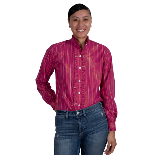 Just Country Womens Abbey Frills Full Button L/S Print Shirt (WWLS2454) Magenta Stripe 10 [GD]