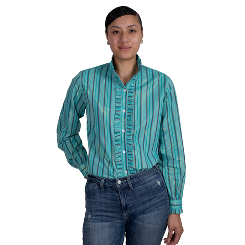 Just Country Womens Abbey Frills Full Button L/S Print Shirt (WWLS2455) Turquoise Stripe 8 [GD]