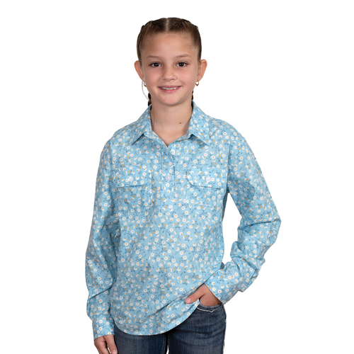 Just Country Girls Harper Half Button L/S Print Shirt (GWLS2462) Polar Blue Daisies XS/4-5 [GD]