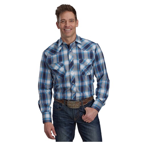 Roper Mens Karman Collection 55/45 L/S Shirt (01101082) Plaid Blue S