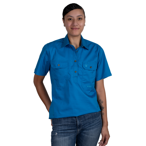 Just Country Womens Evie S/S Half Button Work Shirt (50506BJL) Blue Jewel S/10