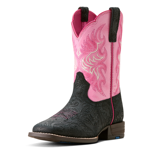 Ariat Youths Outrider Western Boots (10053622) Black Floral Emboss/Painted Peony 1