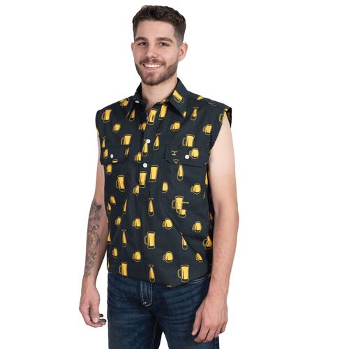 Just Country Mens Logan Half Button Sleeveless Print Shirt (MWNSR240) Black Ale S