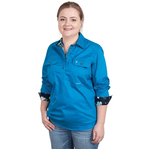 Just Country Womens Jahna Trim L/S Half Button Shirt (WWLS2477) Blue Jewel/Navy Orchids 8