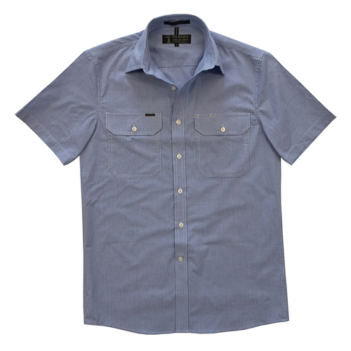 Ritemate Mens Pilbara Classic Cotton Dual Pocket Mini Check S/S Shirt (RMPC063S) Blue-White Mini Check S [SD]