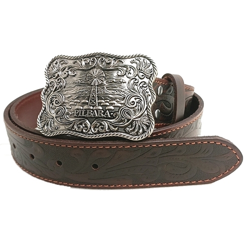 Ritemate Unisex Pilbara Western Rodeo Buckle Tooled Leather Belt (RMPW003) Dark Brown 82