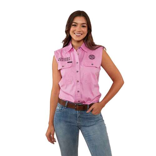 Ringers Western Womens Signature Jillaroo Sleeveless Work Shirt (220210991) Pastel Pink/Navy Embroidery 8 [GD]