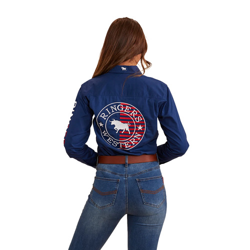 Ringers Western Womens Signature Bull Flag Full Button L/S Work Shirt (223060RW) Navy 6 [GD]