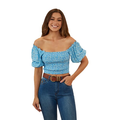 Ringers Western Womens Rosabel Shirred Top (222135RW) Blue 6 [GD]