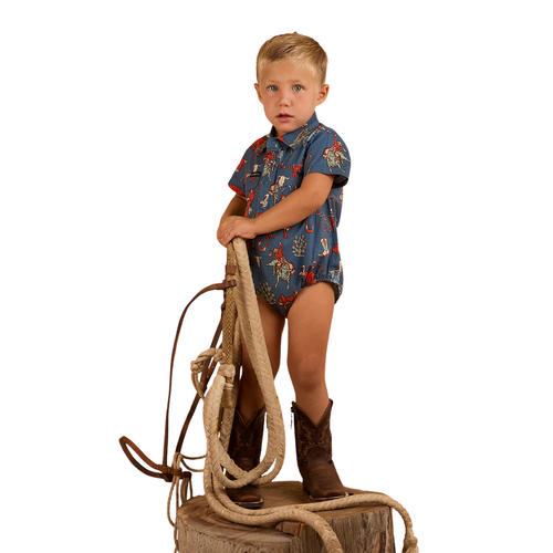 Ringers Western Childrens Mini Cowboy S/S Workshirt Romper (524002RW) Yale Blue 000