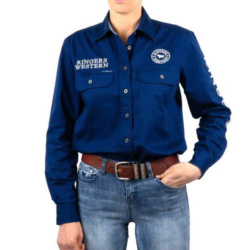 Ringers Western Womens Jillaroo Full Button Embroidered Work Shirt (218110002) Navy 14 [GD]