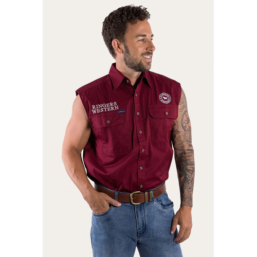 Ringers Western Mens Hawkeye Sleeveless Work Shirt (120210991) Burgundy with White Embroidery 4XL [GD]